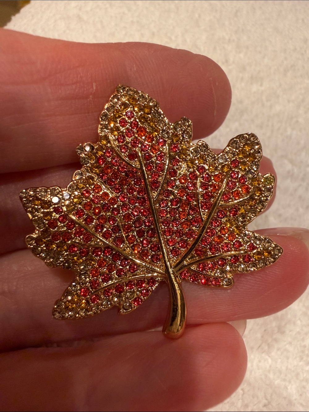 Gold-Tone Autumn Maple Leaf Brooch with Red and Orange Crystals